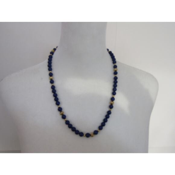 Blue Round Gemstone Beaded Gold Tone Necklace Long 32" Whimsical Minimalist Oval - Picture 1 of 5